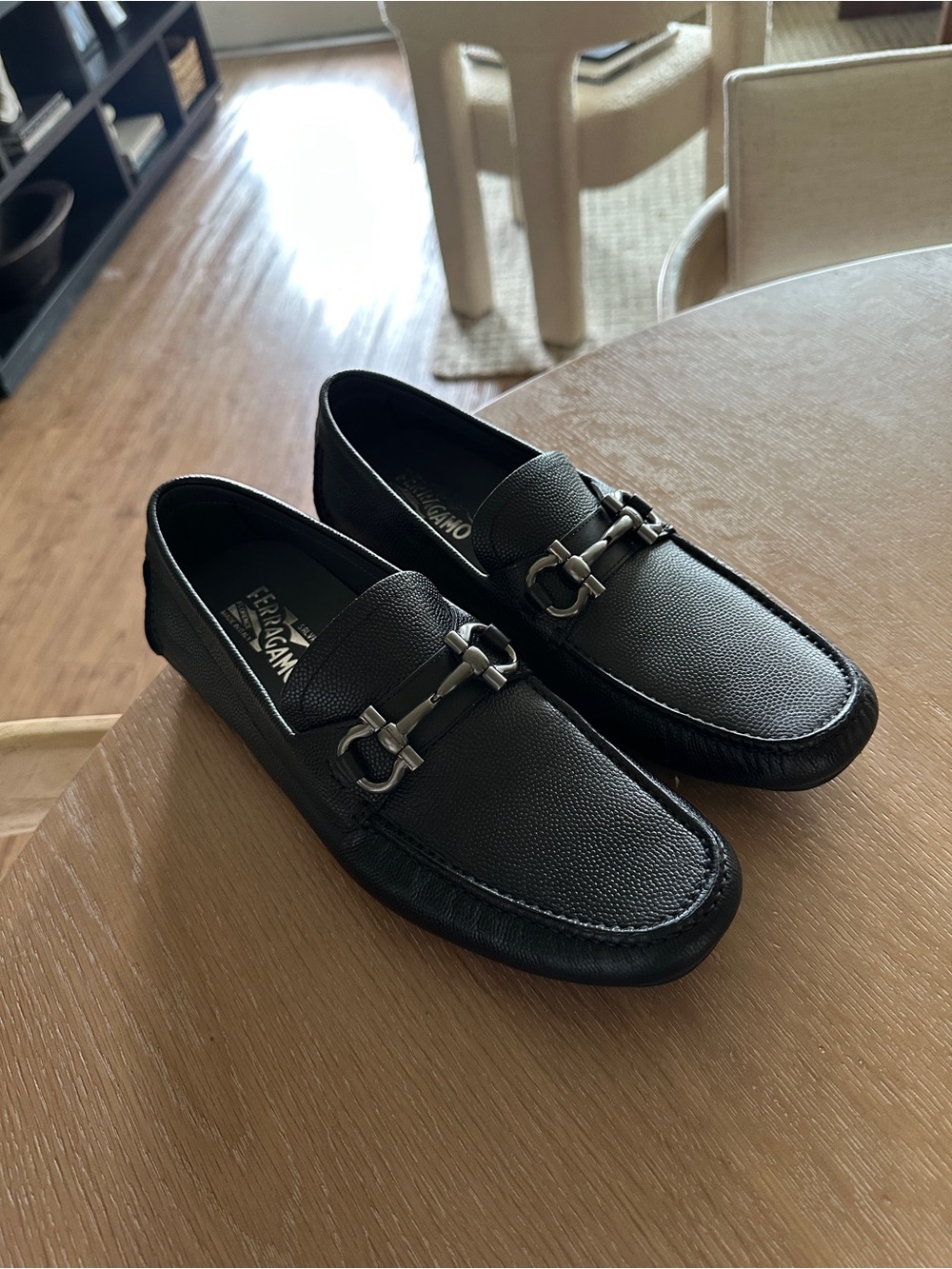 Salvatore Ferragamo Black Pebbled Leather Bit Loafers